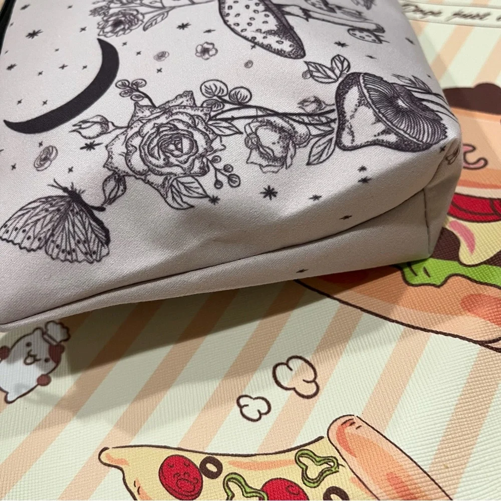 Butterfly, Flower, Mushroom and Moon Whimsical Print Zip Makeup Bag NWOT
